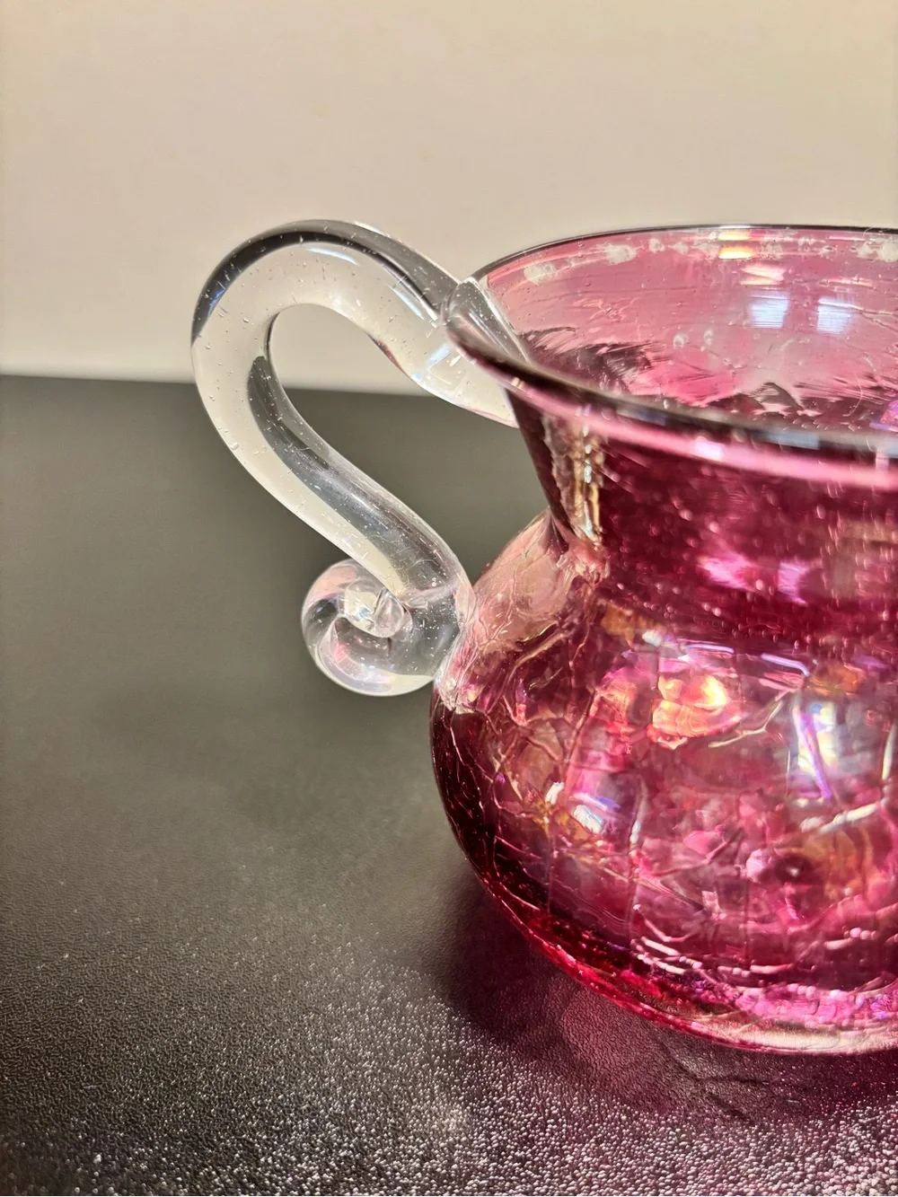 Handblown Cranberry Glass Creamer and Sugar Set with Clear Handles